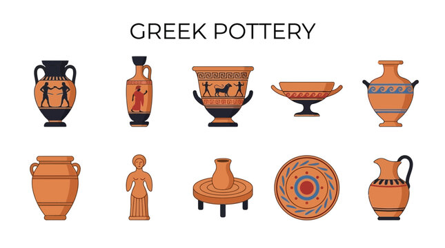 Collection of Ancient Greek Pottery Vessels and Figurines.