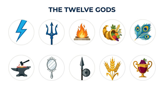 Collection of Symbols Representing the Twelve Olympian Gods of Greek Mythology.