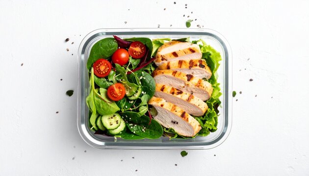 Healthy grilled chicken and fresh green salad with cherry tomatoes and cucumber in a clear meal prep container on a white background.