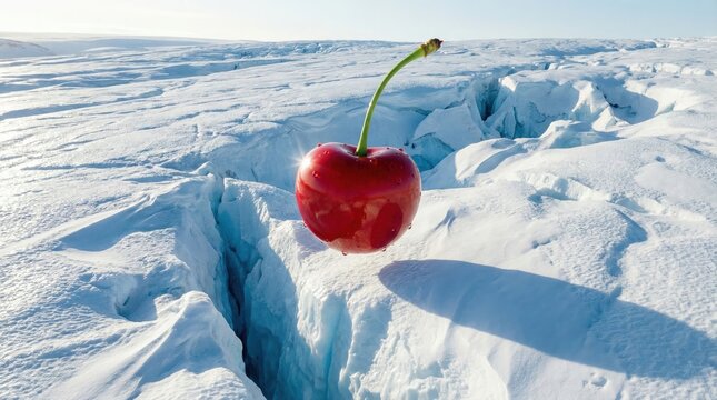 Red cherry with water drops resting in a deep blue ice glacier crevice representing survival