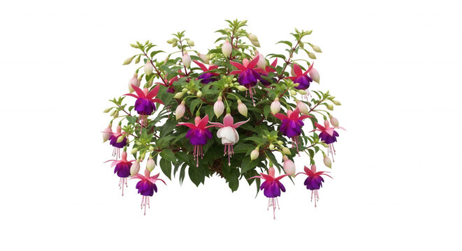 A blooming fuchsia plant with vibrant purple and pink hanging bell-shaped flowers and green leaves isolated on a solid black background
