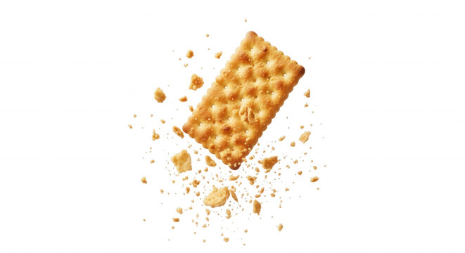 A single rectangular golden brown cracker floating in mid-air, surrounded by scattered crumbs and small broken pieces on a solid black background