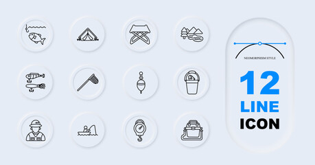 Fishing camping set icon. Line style icons display hooked fish, camping tent, folding table, mountain lake, bait lures, landing net, float bobber, catch bucket, ranger hat, fishing boat © Anastasia