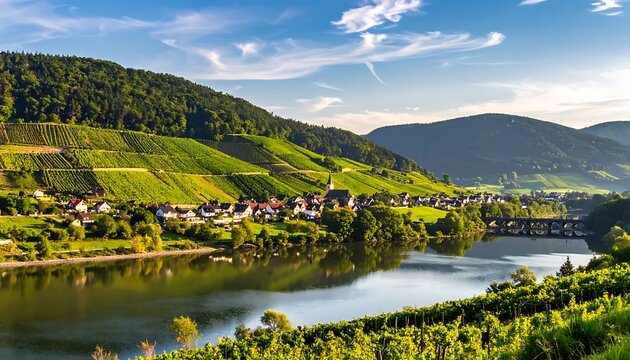 Scenic view of river and vineyards.