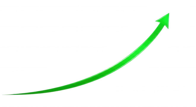 A bright green arrow pointing upwards in a curved trajectory against a solid black background, representing growth, success, and positive trends