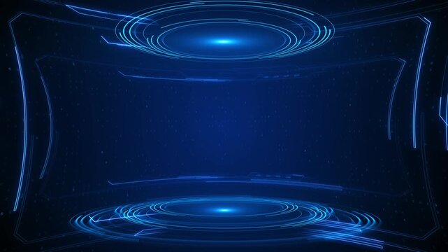 Blue futuristic hologram frame background glowing circular portals, curved digital panels, code copy space. technology videos, AI intros, cyber screens, data presentations, sci fi motion graphics.