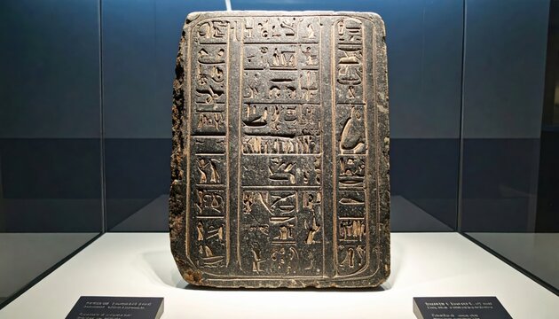 Close-up of an ancient stone tablet replica featuring intricate hieroglyphs and Demotic script