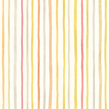 Watercolor stripes pattern on ivory background, seamless ornament of vertical stripes yellow, red, pink and coral colors. Colorful hand-drawn abstract illustration for textile, fabric or repeat cover.