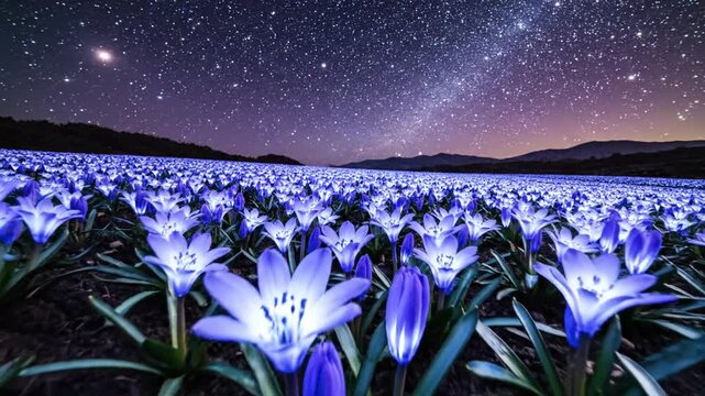 Glowing purple crocus flowers field night.