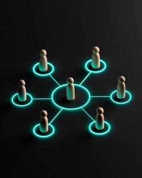 Concept of human network connection with wooden figures linked by glowing blue neon lines on black background symbolizing social connection teamwork and communication