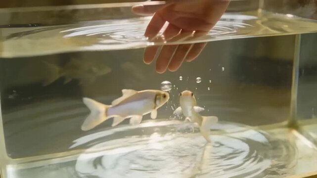 Reaching bare hand entering aquarium water, seeking interaction as two pale goldfish nibbling palm
