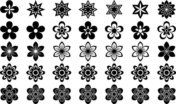Black and white floral and geometric star-like patterns arranged in a grid, progressing from simple to complex