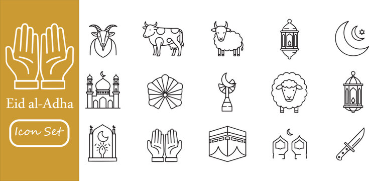 Eid al-Adha Icon Set: Islamic Qurbani Sacrifice Concept with Cow, Goat, Sheep, Kaaba, Mosque, Lantern, and Praying Hands - Outline Vector Icons for Muslim Festival Celebration