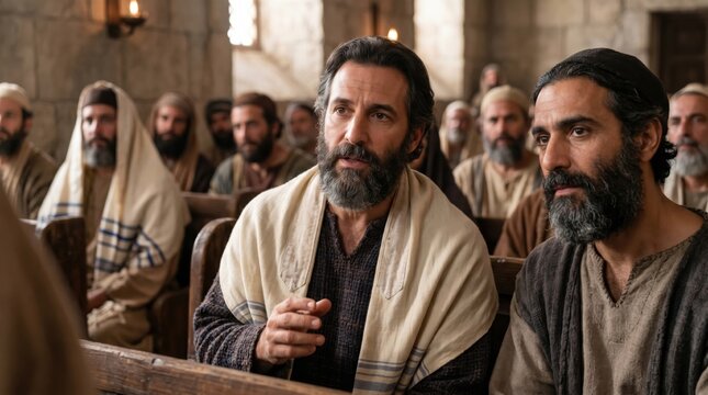 Apostle Paul preaching about Jesus Christ in a synagogue in Antioch with Barnabas. Biblical scene of early Christians sharing faith with believers. Historical religious gathering event.