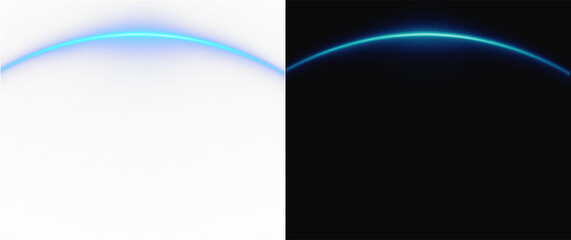 Realistic blue neon arc light, atmospheric glowing curved line and ethereal energy beam on white and black background © Maxim