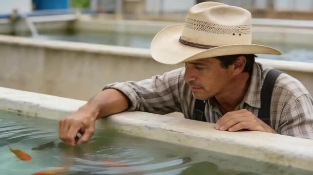 Leaning man wearing straw hat at fish farm, hovering finger above tank, inspecting koi, copy space