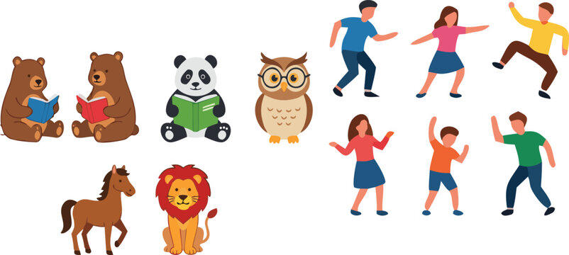 Cute animals reading books and dancing people characters set with bear, panda, owl, lion and horse, cartoon lifestyle vector illustration collection