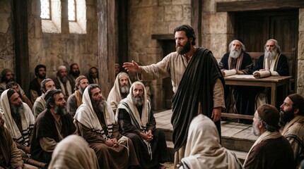 Obraz premium Apostle Paul preaching in the synagogue of Antioch of Pisidia to Jewish people. Biblical story of acts of apostles. Ancient history of Christianity, faith, gospel teaching and sermon.