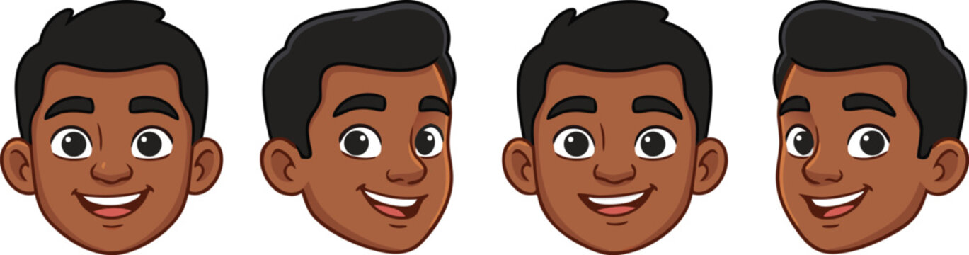 Cute boy face expressions set with different angles and emotions, cartoon kid head vector illustration collection for avatar, emoji and character design