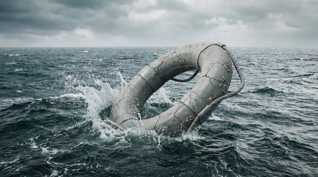 Paradoxical surreal image of a heavy cracked stone lifebuoy sinking in a dark stormy ocean