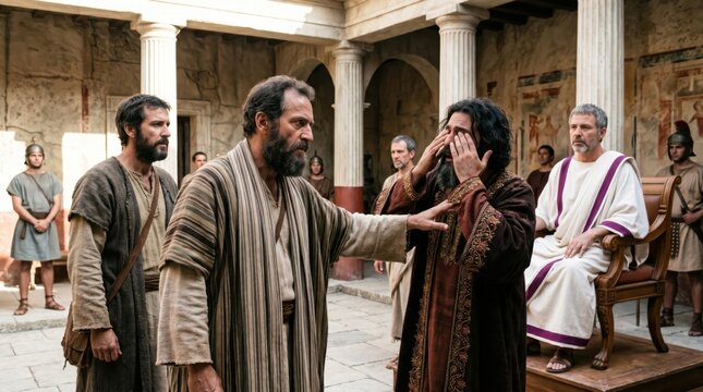 Apostle Paul making the sorcerer Elymas blind during the trial before proconsul Sergius Paulus. Biblical scene from Acts 13. Ancient Roman history and religious drama reenactment.
