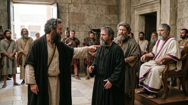 Saint Paul confronting Elymas the sorcerer in front of proconsul Sergius Paulus. Bible scene depicting the miracle of blindness. Historical drama production of Acts 13 in Jerusalem.