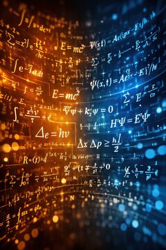 Complex mathematical and physical formulas floating in a cinematic space with glowing orange and blue light bokeh effects