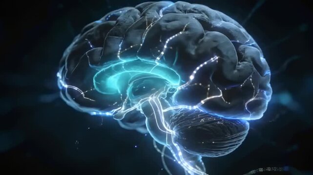 Sending pulses from turquoise core, 3D brain showing glowing pathways in dark space, activating
