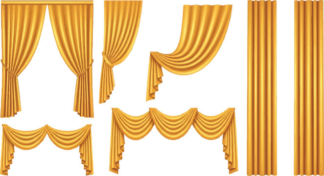 Set of elegant golden yellow curtains with various drapery styles and fabric folds isolated on white background for luxury interior design and stage decoration vector illustration