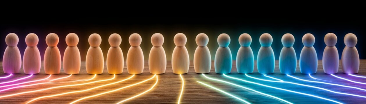 Colorful wooden figures representing connection and unity with glowing neon lines on dark background in warm and cool light tones