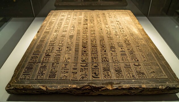 Ancient Sumerian Cuneiform Tablet Displayed in Museum, Showcasing Early Writing System