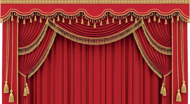 Grand red theater curtain with ornate golden fringe and tassel embellishments isolated on white background for professional stage production and event decoration vector illustration