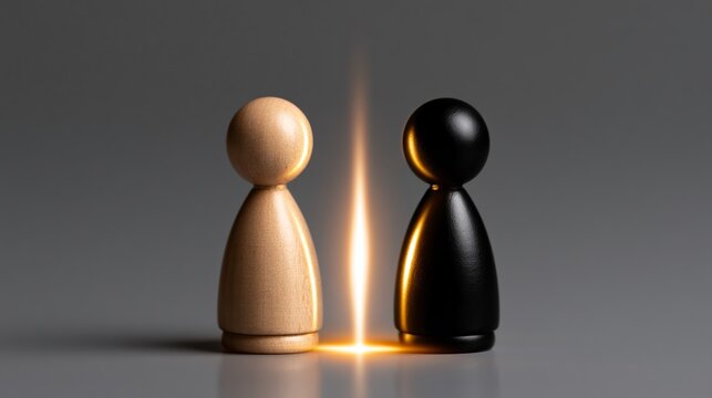 Two wooden game piece figures facing each other with glowing vertical light between them symbolizing confrontation and balance on gray surface