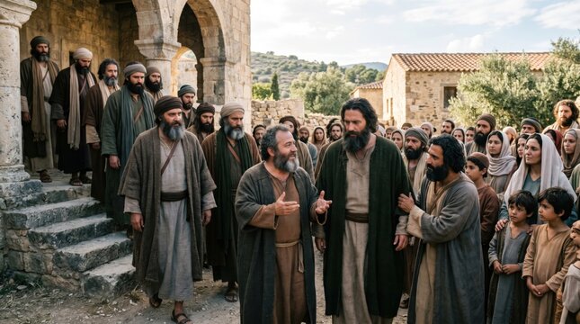 Group of ancient men and woman gathered near architecture in city. Saint Paul and Saint Barnabas encountering religious people and crowd. Biblical scene from Acts of the Apostles.