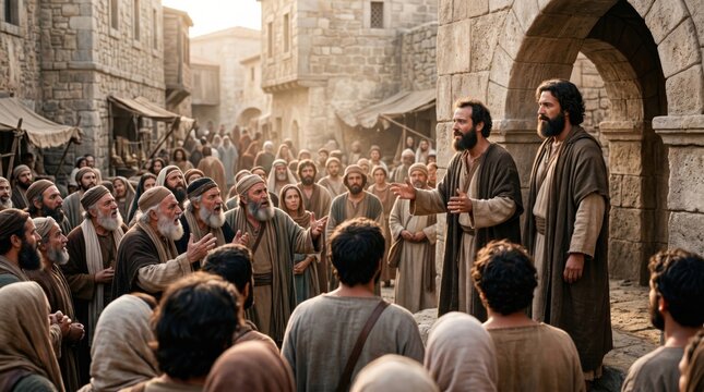 Apostle Paul and Barnabas preaching in ancient city street facing angry crowd. Biblical scene from Acts of the Apostles showing religious conflict and persecution of early Christian leaders.