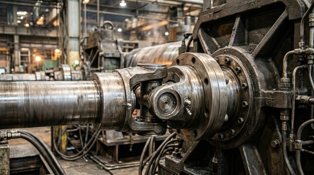 Closeup medium shot of a rotating mill spindle connected by a universal coupling highlighting smooth mechanical motion and precise engineering in industrial bar mill machinery.