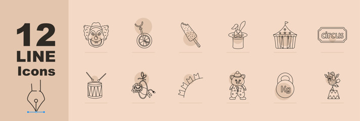 Circus performance set icon. Line icons with clown face, unicycle, ice cream bar, magic hat rabbit, circus tent, sign label, drum, acrobat hoop act, rainbow arc, performer costume © Anastasia