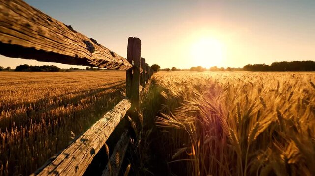 Golden wheat field at sunset with rustic fence.