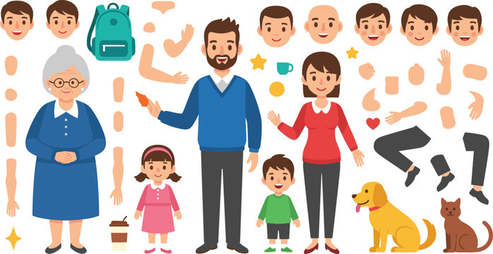 Family characters set with parents, kids, grandmother and pets, customizable body parts and facial elements, cartoon vector illustration collection for character creation design