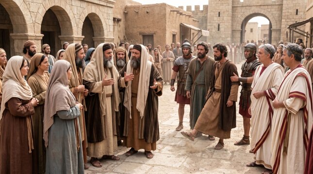Apostle Paul shaking off dust from foot in front of Roman soldiers and crowd. Biblical scene from Acts 13 depicting early Christian missionaries being expelled from ancient city.