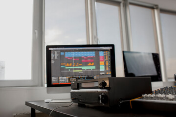 Fototapeta premium Closeup Sound Amplifier Connect and Audio Mixer n recording studio. Music Equipment Concept Background.