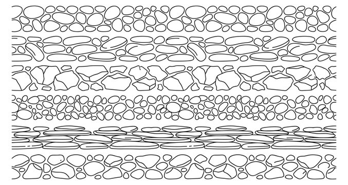 Minimalist outline vector seamless pattern set representing stones, pebbles, and natural rock textures. Collection includes various organic shapes arranged in repeatable horizontal designs, suitable f