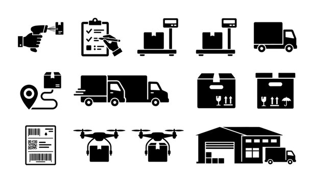Logistics and delivery icon set, black solid silhouette warehouse shipping symbols, white background