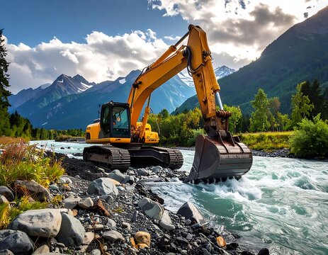Heavy machinery excavator river construction site.
