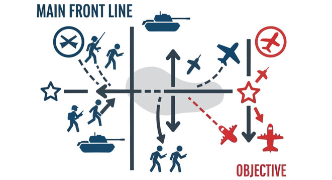 Military strategy illustration depicting troop movements air support and a clear objective