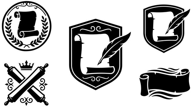 Set of black and white vintage scrolls with quill pens for historical logo graphic design