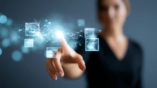 A blurred woman in dark clothing reaches out to a glowing digital network, symbolizing connectivity and innovation. The scene highlights modern advancements in virtual interfaces and smart technology