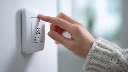 Naklejka premium Close-up of a hand adjusting a digital thermostat to control home temperature.