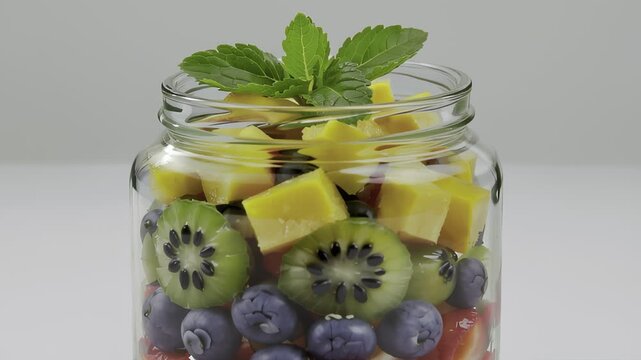 Fresh fruit salad layered in a glass jar with blueberries, kiwi, pineapple, and mint leaves on top