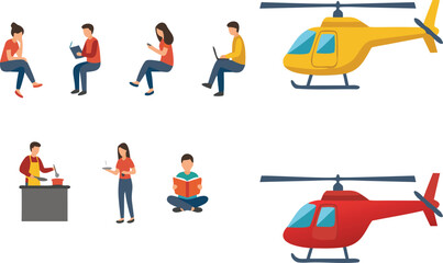 People daily activities and helicopters set with reading, cooking, working and transport elements, modern lifestyle vector illustration collection for routine and travel design © Sumon Creative